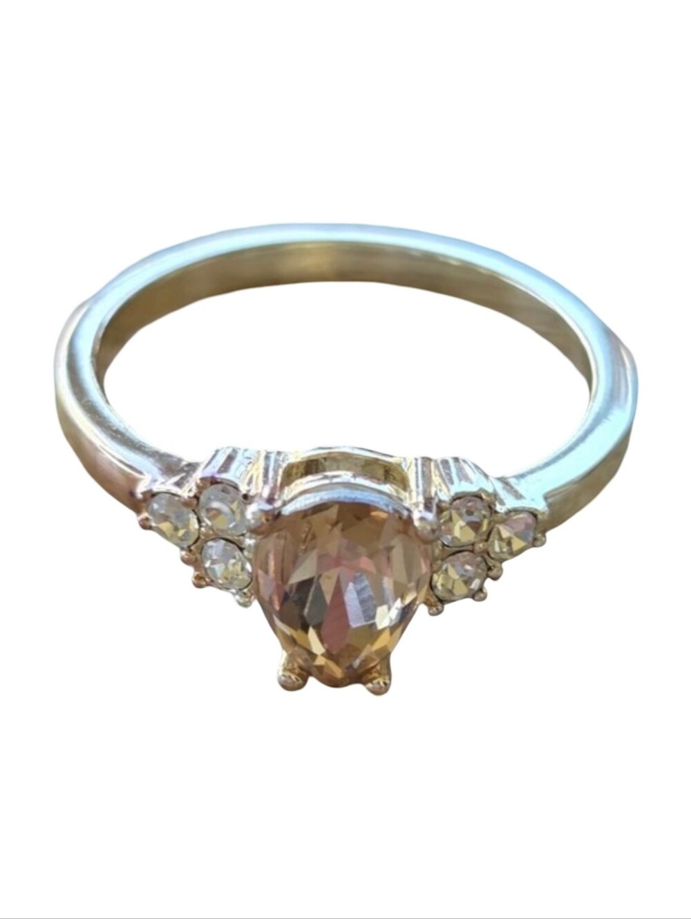STUNNING Silver Plated Pear Cut Amber Yellow Cluster Ring Size 8.